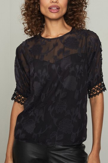 Lipsy Black Floral Burnout Puff Sleeve Top