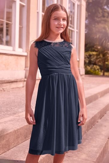 Lipsy Navy Blue Embellished Neck Occasion Dress