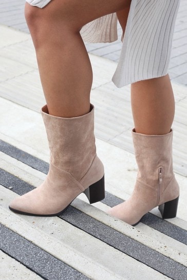 Linzi Cream Faux Suede Western Style Ankle Boot With Leather Stacked Heel