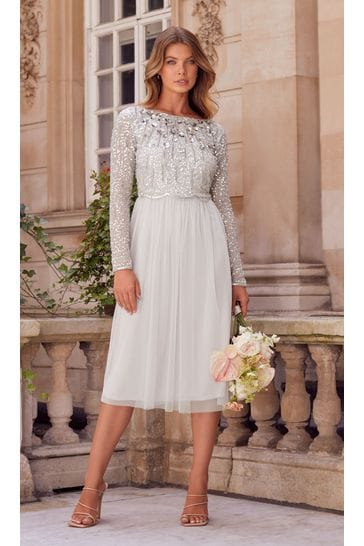 Lipsy Silver Natalie Embellished Sleeved Bridesmaid Midi Dress