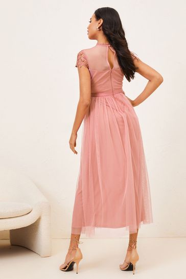 Lipsy Nude Lace Top Tulle Bridesmaid Maxi Dress