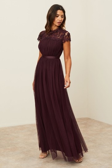 Lipsy Red Lace Top Tulle Bridesmaid Maxi Dress