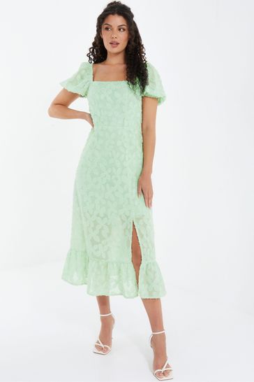 Quiz Sage Green Jacquard Puff Sleeve Midi Dress