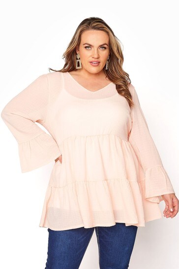 Yours Curve Neutral Ruffle Sleeve Tiered Smock Top
