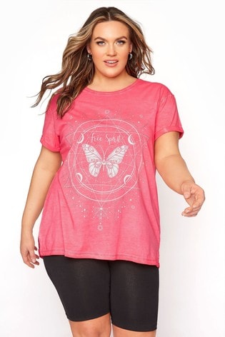 Yours Curve Pink Acid Wash Topstitch Butterfly Print T-Shirt