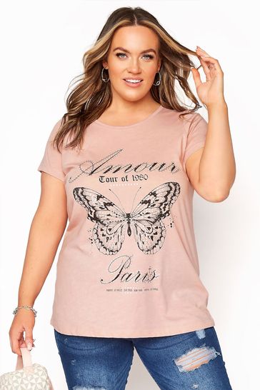 Yours Curve Pink Basic Tee Butterfly Amour P T-Shirt
