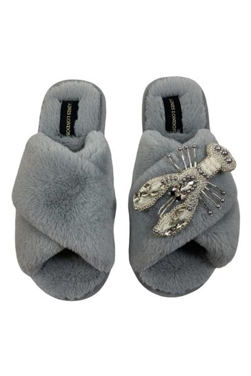 Laines London Grey Gold Giraffe Classic Laines Slippers with Laines Deluxe Giraffe Brooch