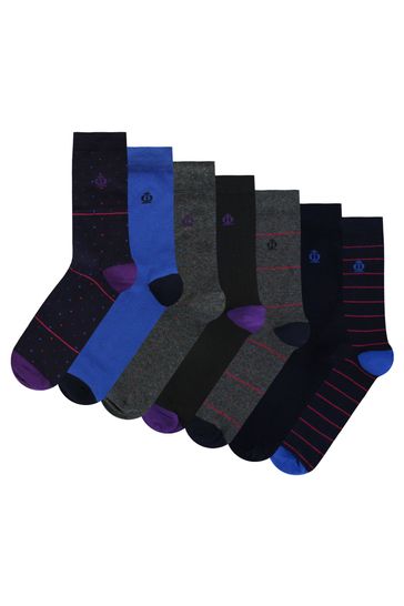 Jeff Banks Navy Blue & Grey Mens 7 Pack Multipack Socks