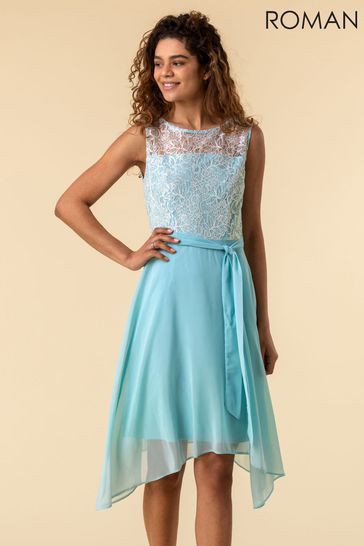 Roman Blue Lace Detail Fit And Flare Dress