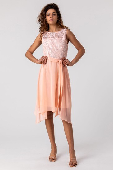 Roman Coral Lace Detail Fit And Flare Dress