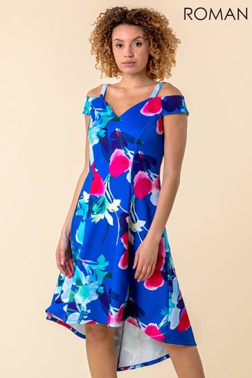 Roman Blue Cold Shoulder Floral Print Dress