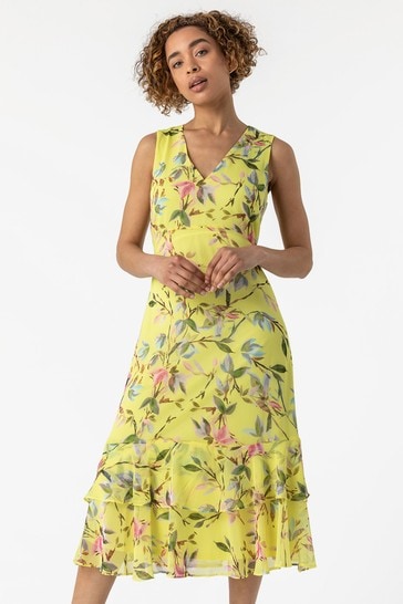 Roman Yellow Floral Print Frill Hem Dress