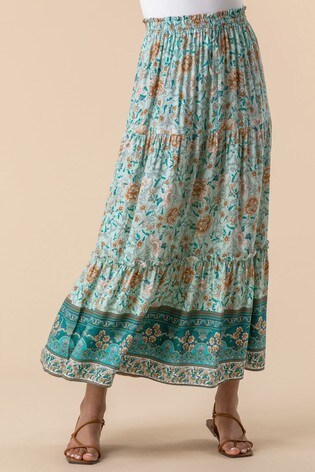 Roman Green Tiered Print Maxi Skirt