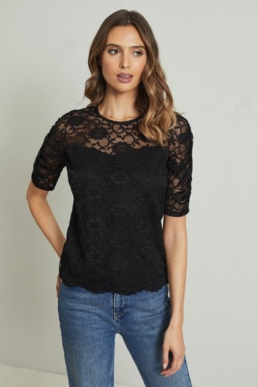 Lipsy Black Lace Regular Ruched Sleeve Top
