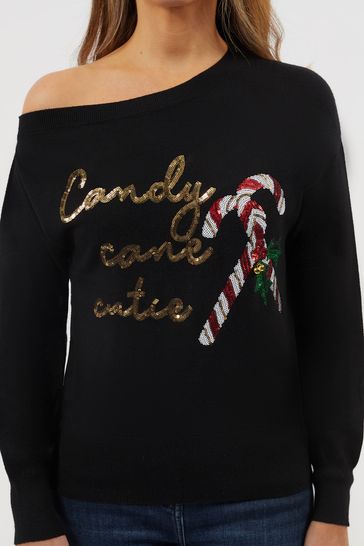 Fashion Union Candy Cane One Shoulder Christmas Jumper