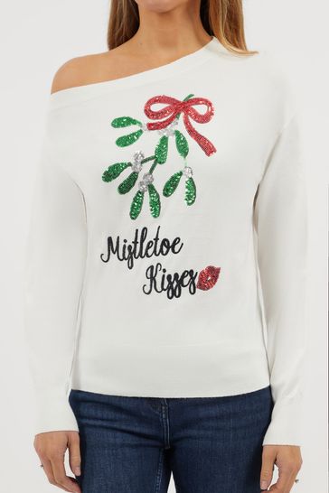 Fashion Union Mistletoe Kisses One Shoulder Christmas Jumper