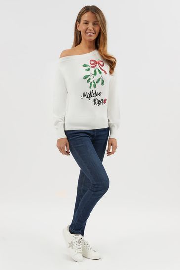 Fashion Union Mistletoe Kisses One Shoulder Christmas Jumper