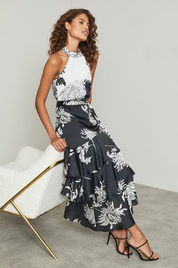 Buy Lipsy Monochrome Printed Tiered Halter Midi Dress from Next