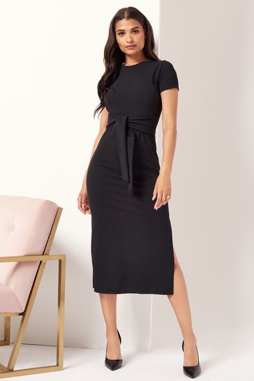 Lipsy Black Short Sleeve Belted Bodycon Midi Dress