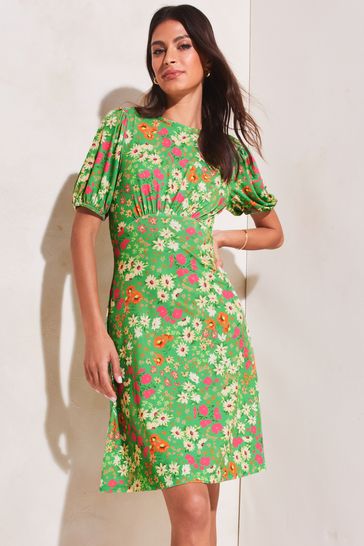 Lipsy Green Floral Jersey Underbust PUff Sleeve Summer Mini Dress
