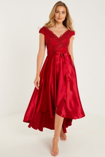 Quiz Red Lace Bardot Dip Hem Dress