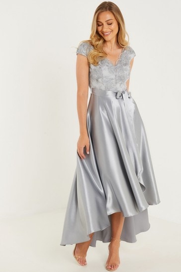 Quiz Silver Lace Bardot Dip Hem Dress