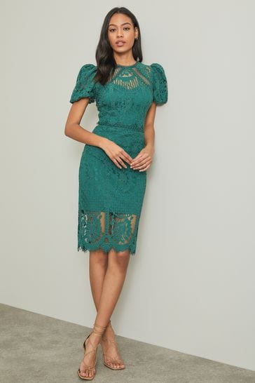 Lipsy Green Short Sleeve Lace Midi Dress