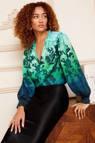 V&A | Love & Roses Blue Ombre Printed Puff Sleeve V Neck Long Sleeve Button Up Blouse