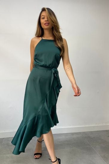 Style Cheat Green Ariana Halter Frill Midi Dress