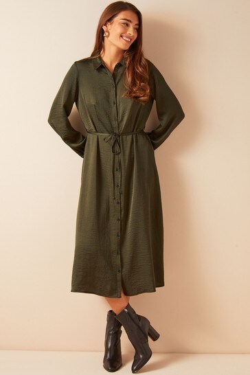 Friends Like These Green Khaki Satin Long Sleeve Midi Shirt Dress