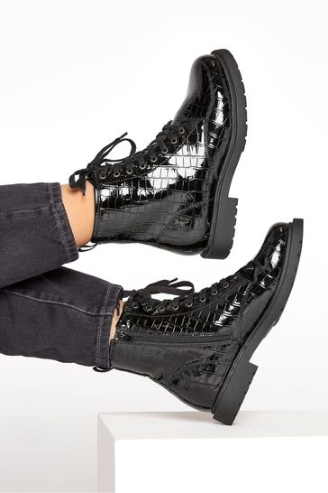 Yours Curve Black Extra-Wide Fit Arezzo Chunky Lace Up Croc Boot