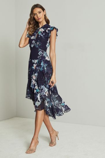 Lipsy Navy Blue Print Printed Keyhole Ruffle Fit and Flare Midi Dress