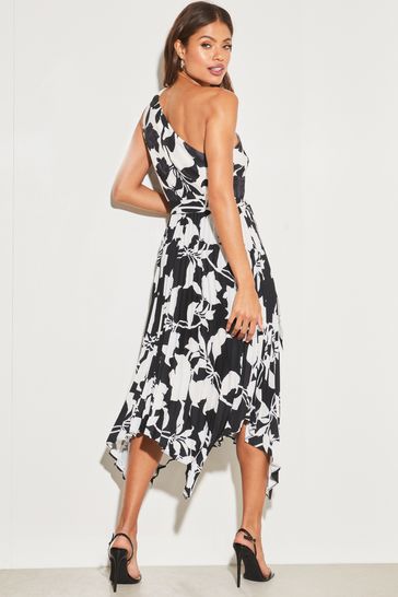 Buy Lipsy Black and White One Shoulder Belted Pleated Midi Dress