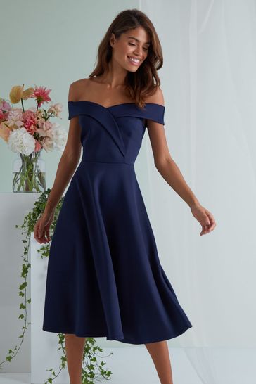Navy bardot prom dress hot sale