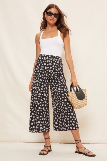 Friends Like These Black Floral Woven Wide Leg Culotte Trousers