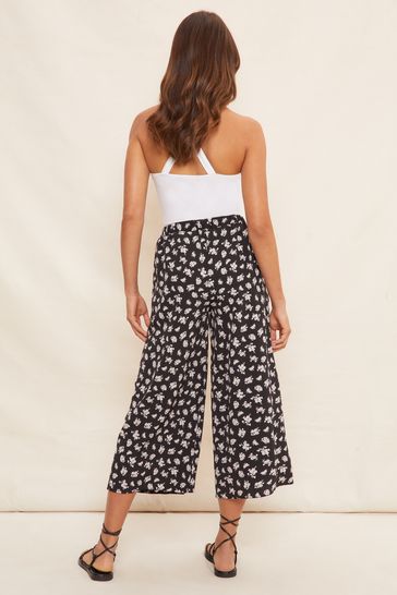 Friends Like These Black Floral Woven Wide Leg Culotte Trousers