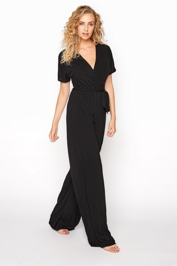 Long Tall Sally Black Ribbed Wrap Front Jumpsuit