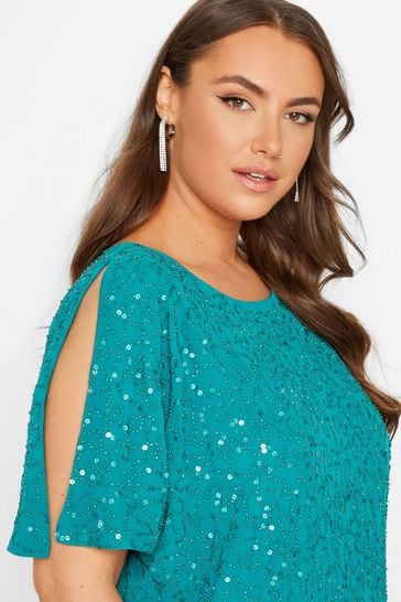 LUXE Plus Size Teal Green Sequin Hand Embellished Cape Dress