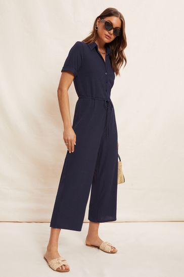 Friends Like These Navy Jersey Short Sleeve Button Up Wide Leg Jumpsuit