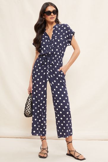 Friends Like These Navy Woven Short Sleeve Button Through Wide Leg Jumpsuit