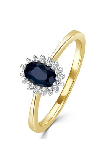 The Diamond Store Blue Sapphire 6 x 4mm And Diamond 9K Gold Ring