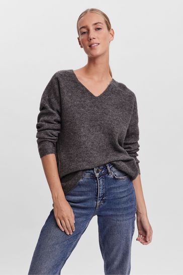 VERO MODA Grey V Neck Soft Touch Cosy Knitted Jumper