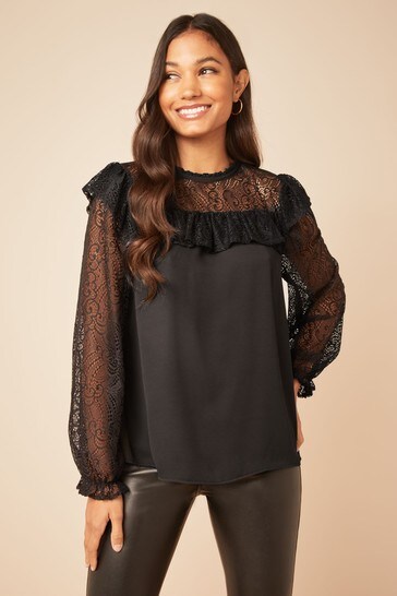 Friends Like These Black Lace Detail Long Sleeve Blouse