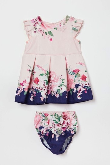 Lipsy Pink Floral Baby Frill Sleeve Dress With Matching Knicker