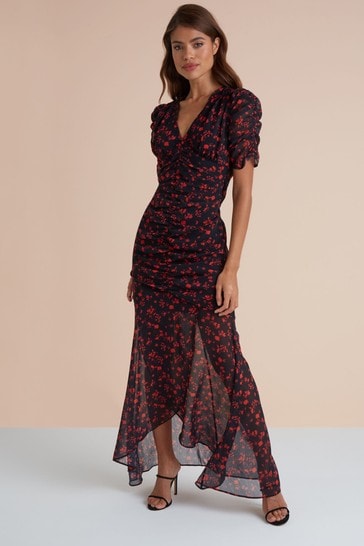 Lipsy Black Red Floral Regular Ruched Front Maxi Dress