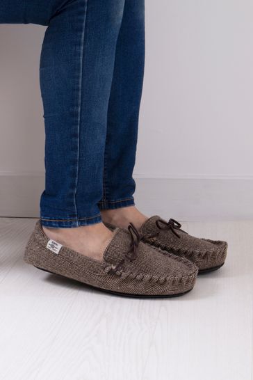 Totes Brown totes Mens Wool Check Moccasin Slippers