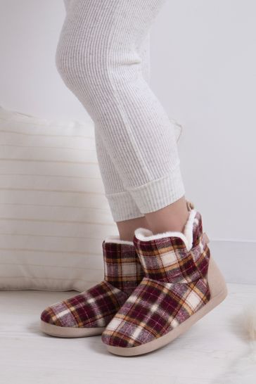 Totes Red Christmas Ladies Tartan Boot Slippers