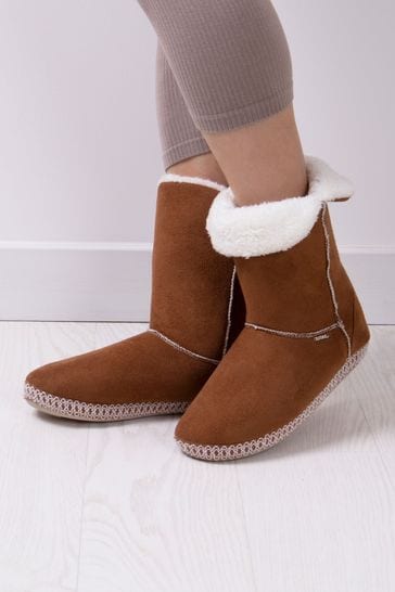 Totes Brown Ladies Suedette Boot Slippers