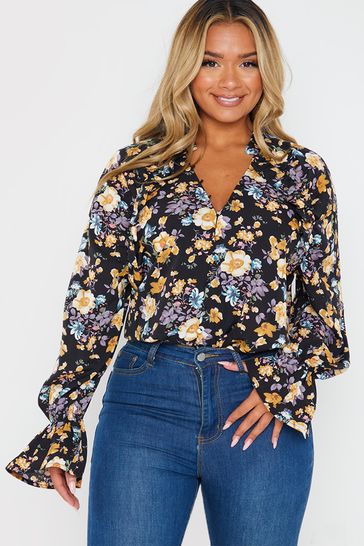 In The Style Black Floral Regular Jac Jossa Button Down Frill Cuff Blouse