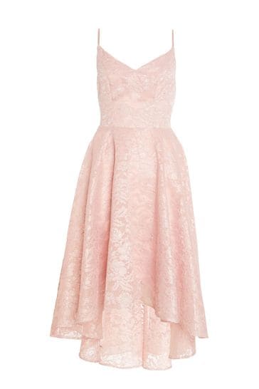 Pink glitter lace high on sale neck dip hem dress